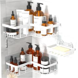 YASONIC Corner Adhesive Shower Caddy, with Soap Holder and 12 Hooks, Rustproof Stainless Steel Bathroom Organizer, No Drilling Wall Mounted Rack, White, 3-Pack