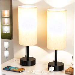 Fenmzee Bedside Table Lamps Set of 2 - 3 Color Temperatures Pull Chain Lamp with AC Outlet Charging Port, Two Round Night Stand Lamps for Bedroom Guest Room Office, Small Bed Side Light with E26 LED Bulbs