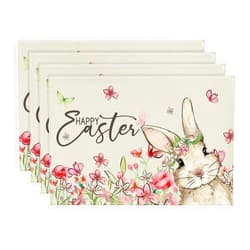 Artoid Mode Beige Bunny Rabbits Flower Happy Easter Placemats Set of 4, 12x18 Inch Seasonal Spring Table Mats for Party Kitchen Dining Decoration