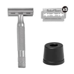 Rockwell Razors 6S Silver Stainless Steel Double-Edge Safety Razor & Stand for Men and Women with 6 Adjustable Shave Settings and 5 Fully Recyclable Eco Razor Blades