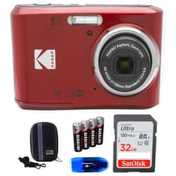 KODAK Pixpro FZ45 Digital Camera Bundle, Includes: SanDisk 32GB Memory Card, Spare Batteries, Hard Shell Camera Case and Card Reader (5 Items) (Red)