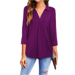 Newchoice Womens Collared V Neck 3/4 Sleeve Shirts Business Casual Tops Loose Work Blouses (S-3XL)