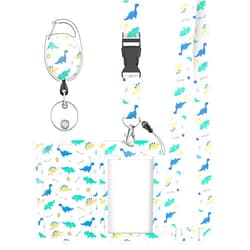 Uniclife Fashionable Sliding Badge Holder Cartoon Dinosaur Plastic Case with Retractable Badge Reel Carabiner Clip & Detachable Lanyard Strap Vertical Card Protector for Women Nurse Teacher Student