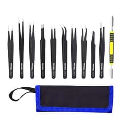 MMOBIEL 10x Industrial Precision ESD Tweezers Anti-Static Stainless Steel for Electronics Tools, Jewelry, Computer, Laboratory Work, Crafts and Hobbies etc. – Incl. Spatula and Case