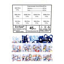 Zovfam Potentiometer Kit 1K 5K 10K 20K 50K 100K 250K 500K 1M Ohm Knurled Shaft Linear Rotary Taper Variable Resistor Potentiometers with Nuts, Washers and Potentiometer Knob - 45 Sets
