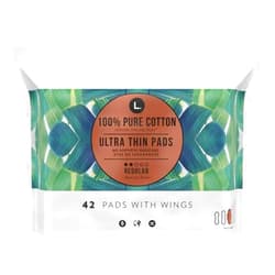L. , Organic Cotton Ultra Thin Pads for Women, Super Absorbency, With Wings, 42 Count