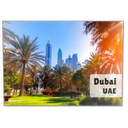 Photomagnet Cityscape of Dubai, Summer Park with Skyscrapers, Sunlight. Amazing View Skyline. Travel Tourism in UAE, Fridge Magnet