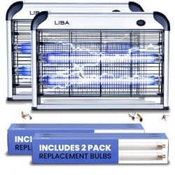 LiBa Electric Bug Zapper (2-Pack) Indoor Insect Killer - (4) Extra Replacement Bulbs - Fly, Mosquito Killer and Repellent - Lightweight, Powerful 2800V Grid, Easy-to-Clean, Removable Washable Tray.