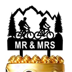 Ximoogoooz Funny Wedding Cake Topper - Groom and Bride with Backpacks on Mountain Bikes - Mountain Biker Couple Cake Topper, Mr&Mrs Wedding Cake Topper (Mountain Biker)