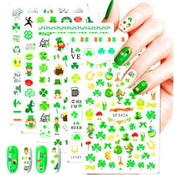 BIWONUI 6 Sheets St. Patrick's Day Nail Art Stickers Green Shamrock Self-Adhesive Nail Charms Decals for Women Men DIY Nails Art Stickers Saint Patricks Day Manicure Decoration