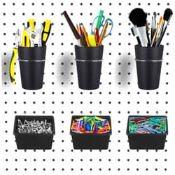 Kuhome 6 Sets Pegboard Bins Pegboard Cups with Hooks, Pegboard Hooks Assortment, Hooks for Pegboard Cup Holder for Organizing Accessories Tools Storage Office Workshop Garage Workbench Black