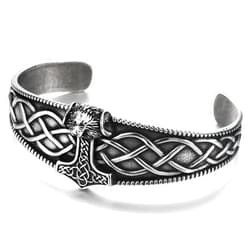 COOLSTEELANDBEYOND Men's Viking Thor's Hammer Cuff Bracelet, Steel Open Bangle, Celtic Knotwork Design, Norse Mythology