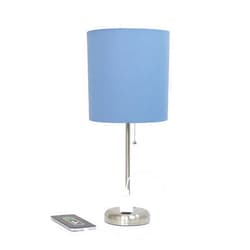 Simple Designs LT1144-BLU Sleek and Slender Brushed Steel Table Lamp with Charging Outlet, for Bedroom, Living Room, Entryway, Office, Dining Room, Study, Blue Shade