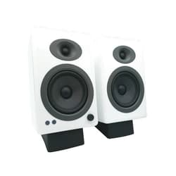 Audioengine A5 White 150W Powered Bookshelf Speakers and DS2 Stands with Remote