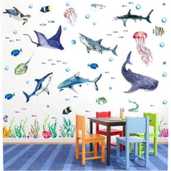 Marspark 3 Pieces Large Watercolor Sharks Wall Decals Ocean Animal Peel and Stick Wall Sticker Under The Sea Marine Life Theme Decals Nursery Room Home Decor Boy Girl Kid Party Supply, 11.2 x 34.6 Inches