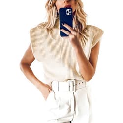 Hooever Women's Turtleneck Sleeveless Knitted Tank Tops Shoulder Pads Sweater Vest