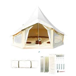 GarveeLife Canvas Bell Tent, 4 Seasons Yurt Tent with 2 Stove Jack, 4 Mesh Zippers Windows, Breathable Waterproof Tent Suitable for 4-12 People, Family Camping Outdoor Party