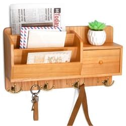 Rebee Vision Key Holder Wall Mount with Mail Organizer - Modern Farmhouse Key and Mail Holder for Wall with Wall Hooks and Drawer - Apartment Essentials for Home Decor Aesthetic(Light Brown)