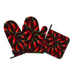 Samgula Red Chili Oven Mitts and Pot Holders Sets Vegetables Scattered in Dark Heat Resistant 3pcs for Cooking Baking BBQ