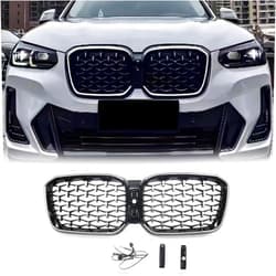 QIGJNQN Suitable for BMW X3 Front grille, kidney grille replacement BMW X3 Series with light LED day running light (ABS, glossy black) (The stars are half silver)