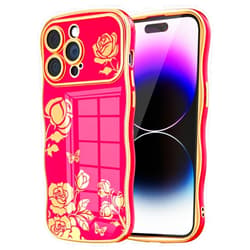 MINSCOSE for iPhone 14 Pro Max Phone Case,Luxury Cute Curly Wave Frame with Rose Flower Plating Pattern,Raised Full Camera Lens Protection Cover for Women Girls for iPhone 14 Pro Max-Hot Pink
