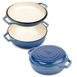 Gennua Kitchen 2-in-1 Enameled Cast Iron Braiser Pan with Grill Lid - 3.3-Quart Small Dutch Oven, Serves as Both Casserole & Stovetop Grill Pan, Cast Iron Cookware