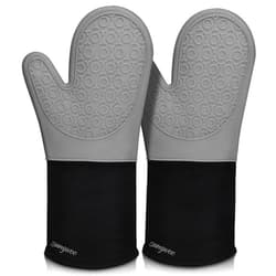 sungwoo Extra Long Silicone Oven Mitts, Heat Resistant Oven Gloves with Quilted Liner Non-Slip Textured Grip Perfect for BBQ, Baking, Cooking and Grilling - 1 Pair 14.6 Inch Grey & Black
