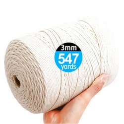AIFUN Macrame Cord 3mm X 547yd Not Dyed 100% Natural Cotton Macrame Rope, 4 Strand Twisted Cotton Cord Rope for Handmade Wall Hanging ,Plant Hangers, Crafts, Knitting, Gift Wrapping(3mm X 500m)
