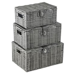 YMhoart Woven Storage Bins With Lids Shelf Baskets Wicker Organizing Rattan Boxes Hand Organizer Closet Handle Makeup Bathroom Decor Shelves Container Grey