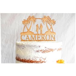 DesignLEE Studio Custom Beach Wedding Cake Topper Personalized Tropical Cake Topper Couple Wedding Cake Topper Silhouette Couple Cake Topper (Primary color: Unpainted Wood, Cake Topper Width: 5