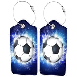 SNAPMADE 2 Pcs Kids Adults Soccer Luggage Tags for Suitcases for Sport Boys Men Women Girls, Leather Bag Labels Baggage Tag for Travel Business with Stainless Steel Loop & Name ID Privacy Cover