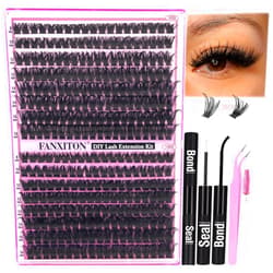FANXITON DIY Lash Extension Kit Volume Thick Lash Clusters 80D+100D 320pcs Individual Lashes D Curl Eyelash Extension Kit Lash Bond and Seal and Tweezers for Lash Clusters Kit DIY at Home