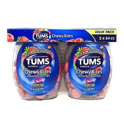 TUMS Chewy Bites Extra Strength Antacid Tablets for Chewable Heartburn Relief and Acid Indigestion Relief, Mixed Fruit, Blue,Mixed Fruit, 54 Count, Pack of 2