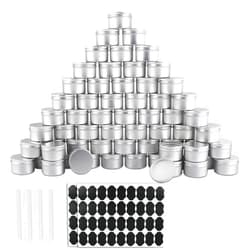 OBKJJ 64 Pack Round Cans with Screw Lid 4 Oz Aluminum Metal Tins DIY Food Candle Containers for Lotion Bars, Balms, Salve, Spices, Beard Balm, Crafts with 4 Markers 2 Sheets Label Stickers (Silver)