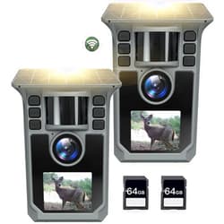 Hrivcam Trail Camera 2 Pack 4K 64MP WiFi Solar Game Camera, 5000mAh Forever Power, 64GB Memory Card and Ip67 Waterproof Night Vision Trail Cam for Outdoor Wildlife Detection, Monitoring Trail Cameras