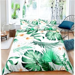 Erosebridal Palm Leaves Bedding Set Yellow Floral Duvet Cover for Kids Teens Adults Flowers Green Leaves Quilt Cover Exotic Tropical Botanical Garden Comforter Cover with 2 Pillow Cases Queen Size