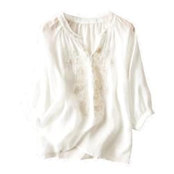 Bawilom Cotton Linen Tops for Women Summer Casual 3/4 Sleeve T Shirts Lightweight Ethnic Style Embroidery Blouses Tees