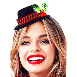 Firuilo Christmas Snowman Headband Black Mini Top Hat Hairbands Christmas Mistletoe Head Hoops with Plaid Band Holly and Berries for women (Style-B, One Size)