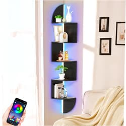 Waipfaru Corner Shelf, 5 Tier Bookshelf with LED Light, Corner Shelf Wall Mounted, Floating Shelves for Wall, Display Stand for Bedroom, Living Room, Bathroom, Home, Office, Black