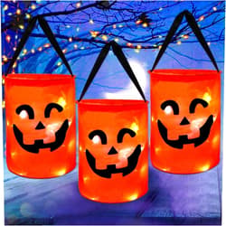 CCINEE 3 Pcs LED Light Halloween Candy Bags for Kids Light Up Multipurpose Halloween Trick or Treat Bucket with Pumpkin Smile Face for Halloween Party Favors Goodie Bags,Orange