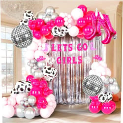 ECEAE Cowgirl Balloons Arch Garland Kit For Last Rodeo Bachelorette Sash Supply Birthday Party Decorations,Hot Pink Rose Red Silver Cow Print Cowgirl Boot Disco Ball Balloon,Let’S Go Girl Banner Backdrop