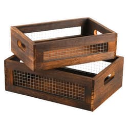 Dicunoy Set of 2 Rustic Nesting Boxes, Wooden Organizer Crates Basket, Small Decorative Wood Wire Containers with Handle for Countertop, Fruit, Veggies, Kitchen, Bathroom, Pantry Storage, Gift Basket
