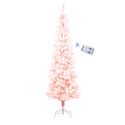 Erivc 7FT Pink Pre-Lit Skinny Christmas Tree, Auto Open Snow Flocked Full Xmas Tree with 1000 Branch Tips, 350 Lights & Foldable Stand for Outdoor and Indoor Decoration