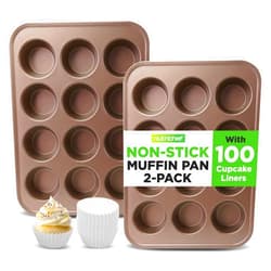 NutriChef Muffin Pans for Baking, Nonstick 2-Piece Cupcake Tin w/ 12-Cups, Carbon Steel Stackable Cup Cake Tray, Dishwasher Safe - Gold