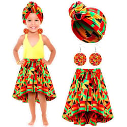 Tarpop 3 Pcs Halloween Kid African Clothes Dashiki Skirt Toddler Girl Bohemian Head Wrap Dangle Earring African Outfits