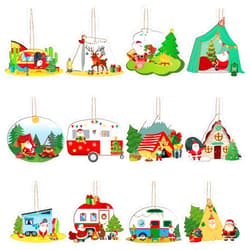 Chunful 36 Pieces Happy Camper Christmas Tree Ornament Wooden Camping Christmas Hanging Ornament RV for Santa Camper Tree Decor with Rope for Xmas Tree Party Decor Supplies