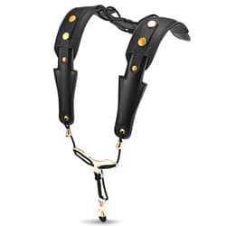 POGOLAB Saxophone Shoulder Strap, Double Shoulder Leather Adjustable Sax Strap with Metal Beam & Sturdy Adjuster, Reduce Neck Stress, Good Comfort, for Alto/Tenor/Baritone/Soprano Saxophone