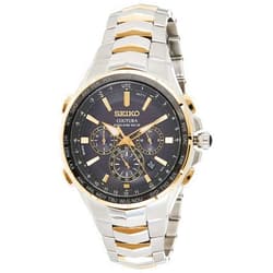 SEIKO SSG010 Watch for Men - Coutura Collection - Radio Sync Solar Chronograph, Two-Tone Stainless Steel Case & Bracelet, Black Dial with Lumibrite Hands & Markers, and Date Calendar