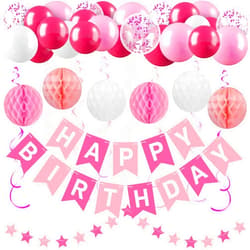 Crosize Pink Happy Birthday Decorations Kit for Women Girls Kids, Pre-Strung Birthday Banner Sign with Tissue Paper Poms, Star Garland, Balloons, Hanging Swirls Streamers for Party Decor