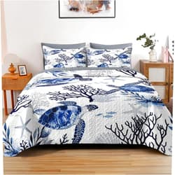 Pamnest Quilt Set Full/Queen Size, Ocean Sea Coral 3 Pcs Soft Bed Cover Bedding Set for Kids and Adults, Blue Animal Turtle Lightweight Bedspread Coverlet with Pillow Sham for All Season